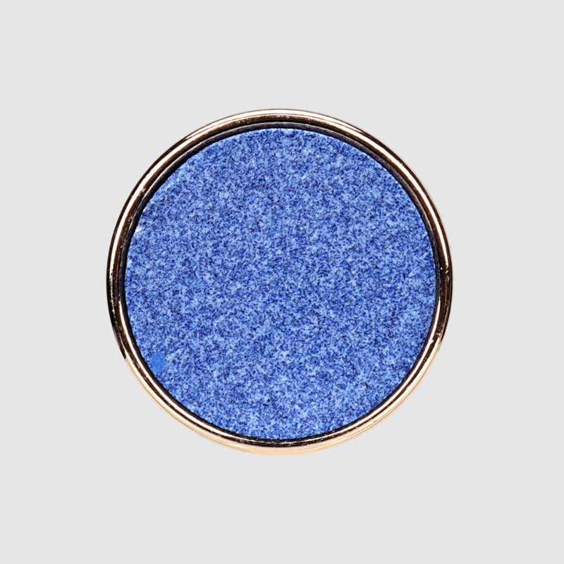 Blue round recycled resin button with metal base, speckled finish