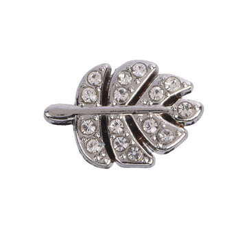 Silver leaf-shaped rhinestone metal button, snap-style