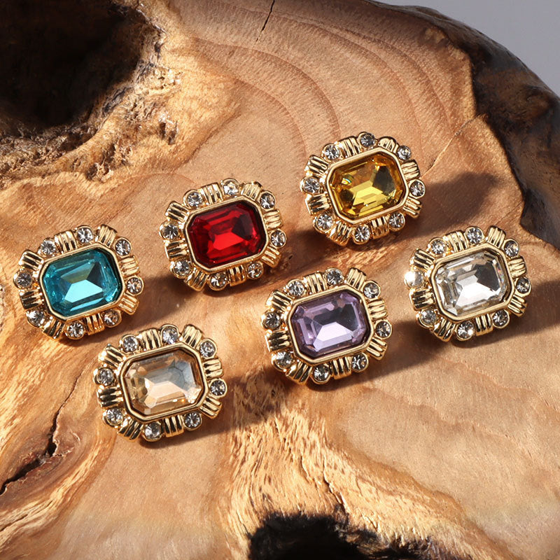 Set of 6 square crystal diamond buttons with metal shanks, mixed colors