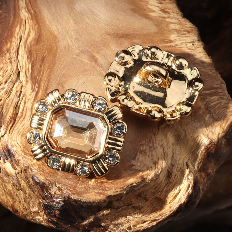 15mm square crystal diamond button with champagne center stone, metal shank