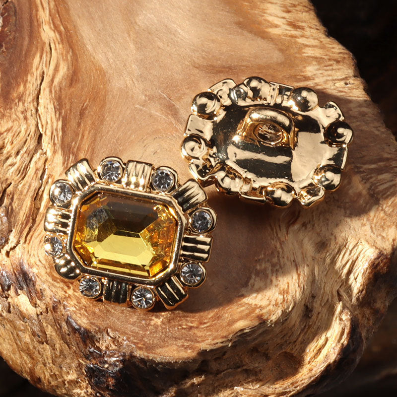 15mm square crystal diamond button with golden center stone, metal shank