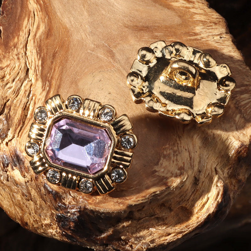 15mm square crystal diamond button with purple center stone, metal shank