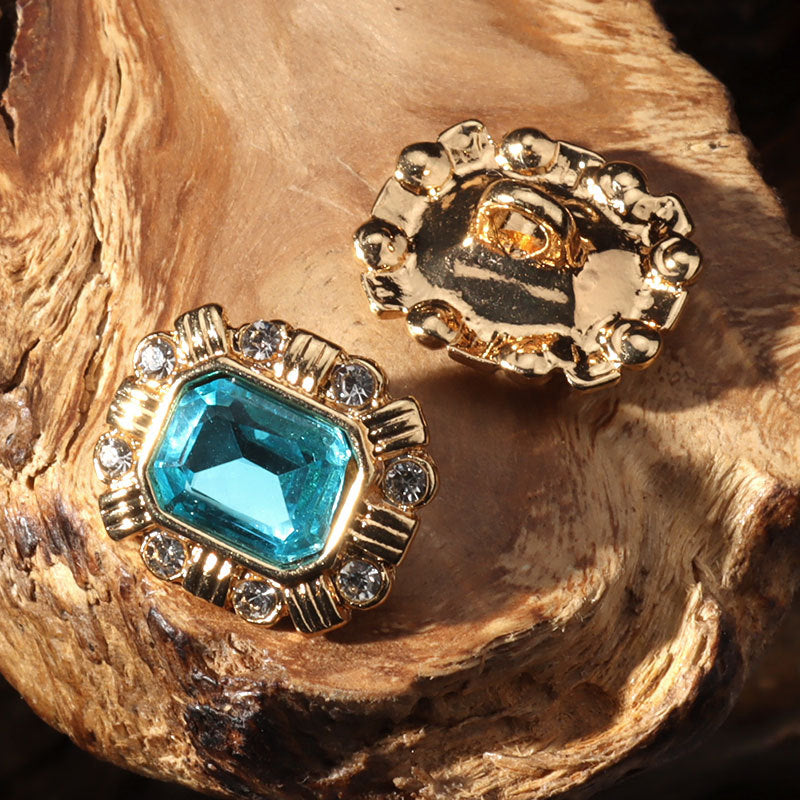 15mm square crystal diamond button with blue center stone, metal shank