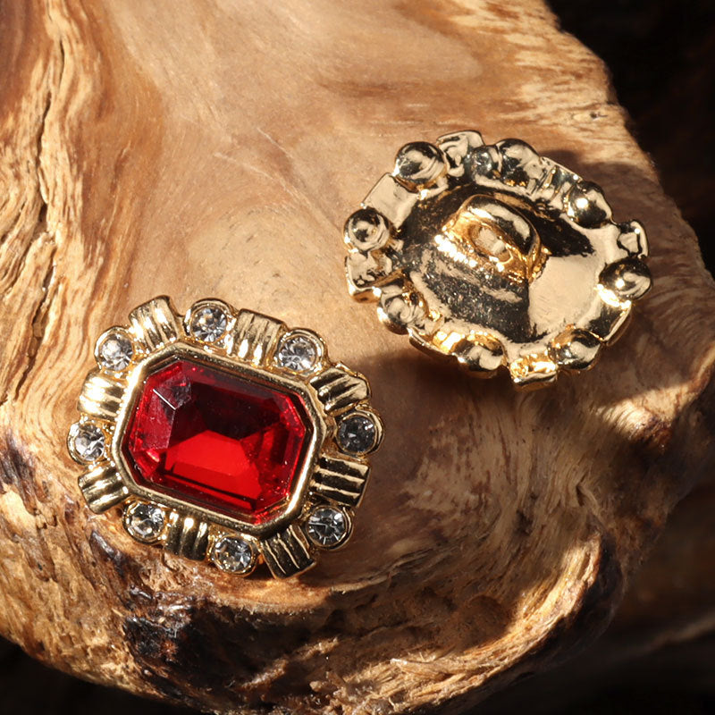 15mm square crystal diamond button with red center stone, metal shank