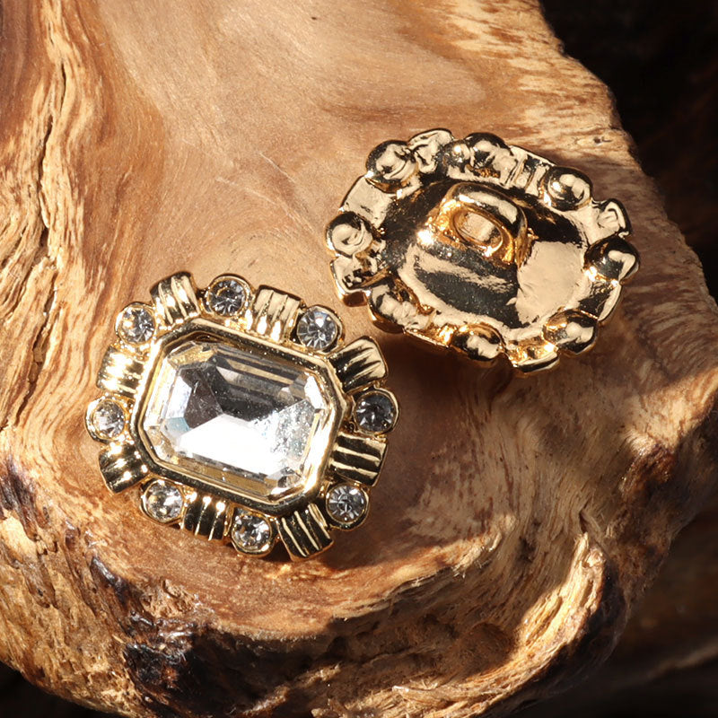 15mm square crystal diamond button with white center stone, metal shank
