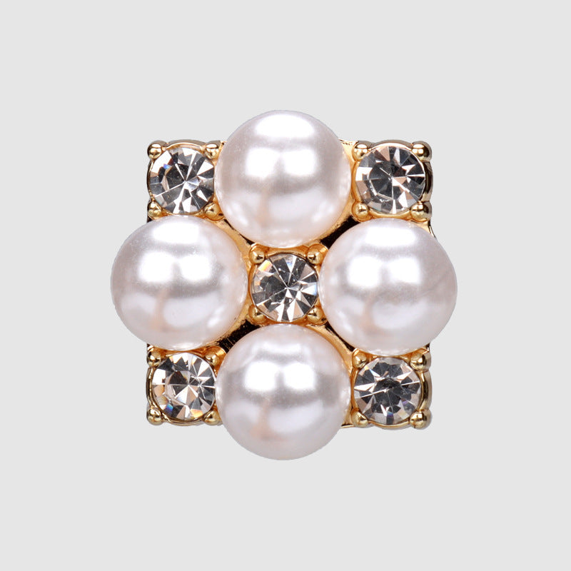 Pearl rhinestone button with square metal base, gold tone, five crystal accents