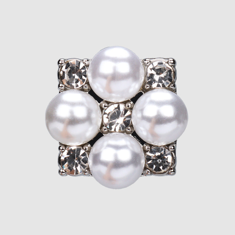 Pearl rhinestone button with square metal base, silver tone, five crystal accents