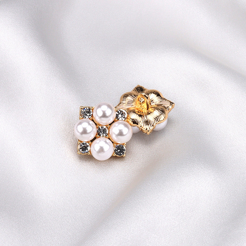 Gold pearl rhinestone button detail, square metal base with shank, 6pcs