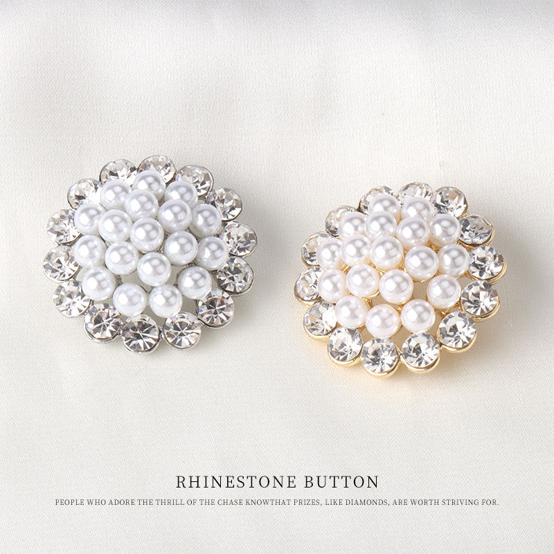 Rhinestone pearl hollow button, silver-tone base with white faux pearls and clear stones