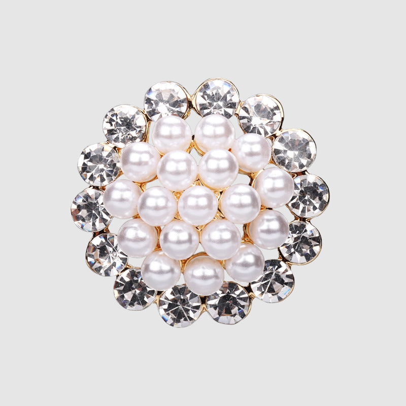Rhinestone pearl hollow button, gold-tone base with white pearls and clear crystal stones
