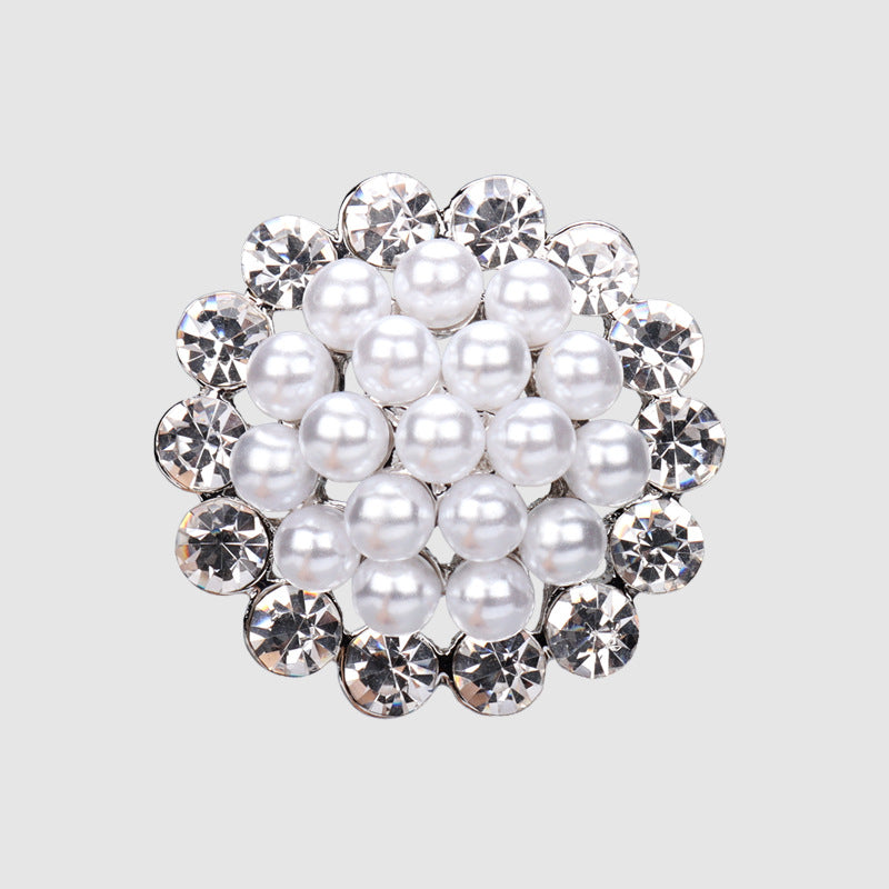 Silver-tone rhinestone and pearl hollow button with clustered white pearls and clear crystals