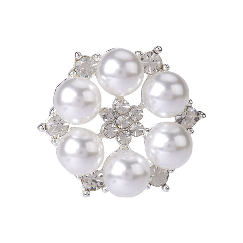 Silver-tone pearl rhinestone button with round faux pearls and clustered sparkling crystals