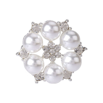 Silver-tone pearl rhinestone button with round faux pearls and clustered sparkling crystals