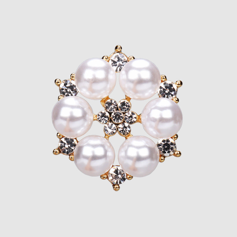 Gold-tone pearl rhinestone button with round faux pearls and central crystal cluster
