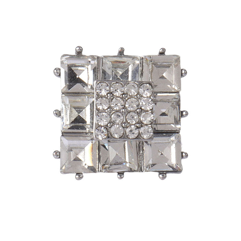 Square rhinestone metal buttons, silver-tone frame, clear gems, 18mm, 2pcs