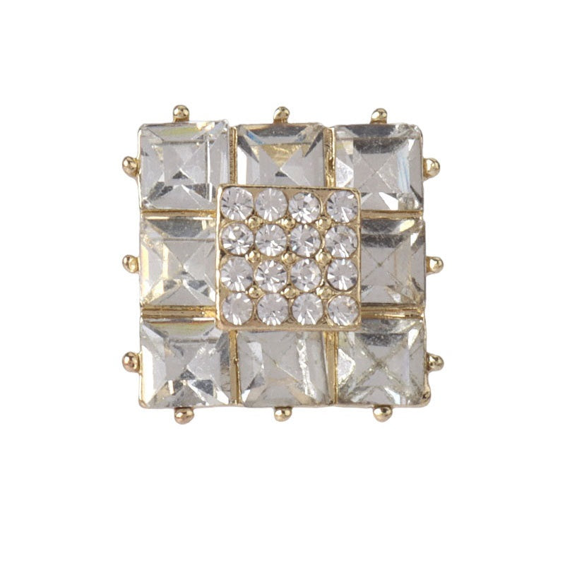 Square rhinestone metal buttons, gold-tone frame, clear gems, 18mm, 2pcs