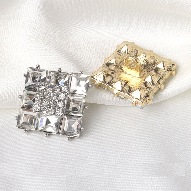 18mm square rhinestone buttons: silver and gold frames, clear gems, 2pcs