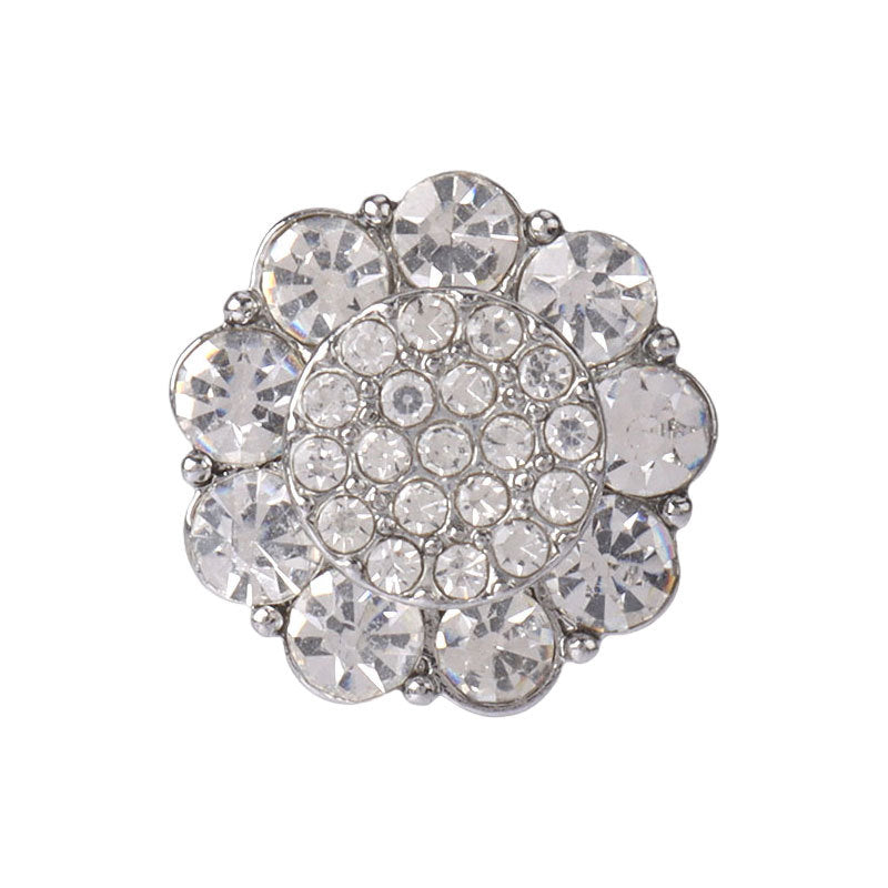 Botón metálico con pedrería floral, tono plateado, pedrería brillante, 20 mm