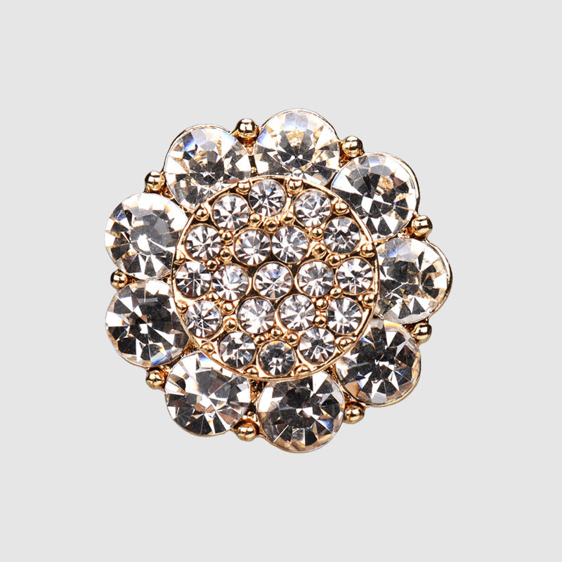 Botón metálico con pedrería floral, con base dorada y brillo, 20 mm