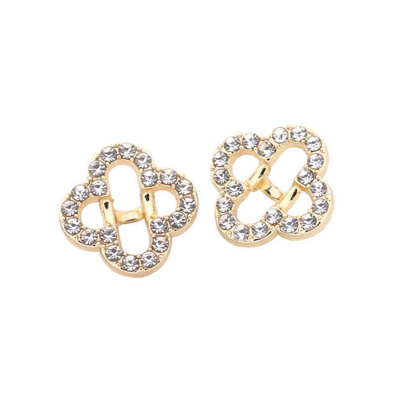 Gold circular hollow rhinestone button, four-petal clover cutout with sparkling stones