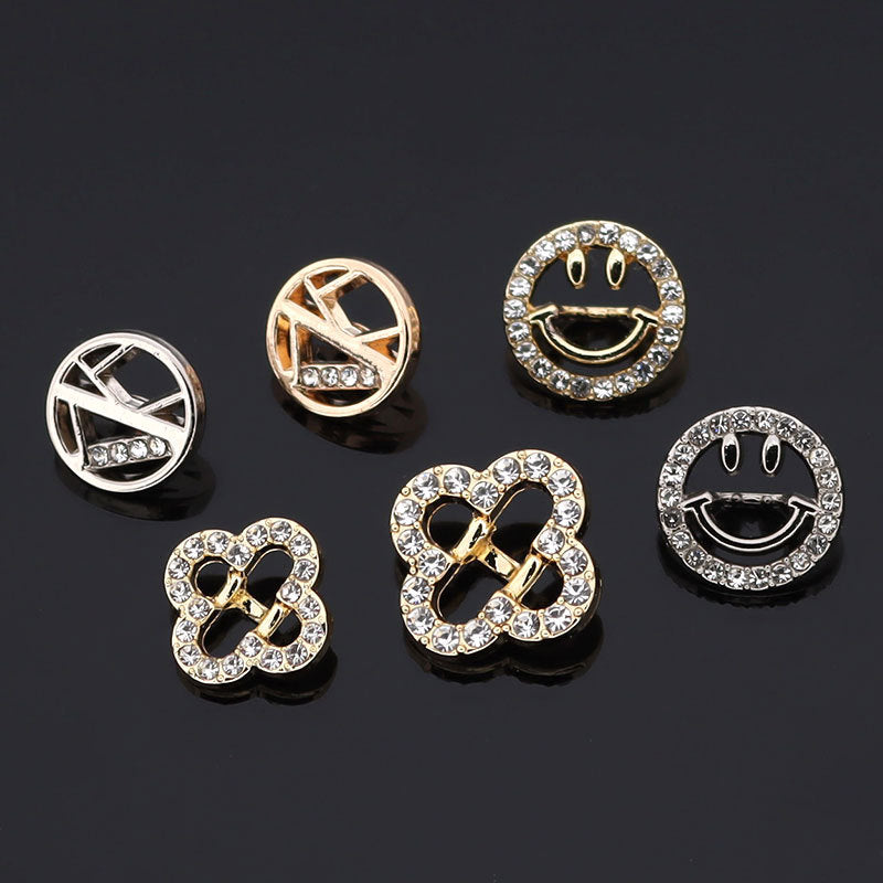 Set of circular smiley rhinestone buttons in gold and silver, hollow metal with stone trim