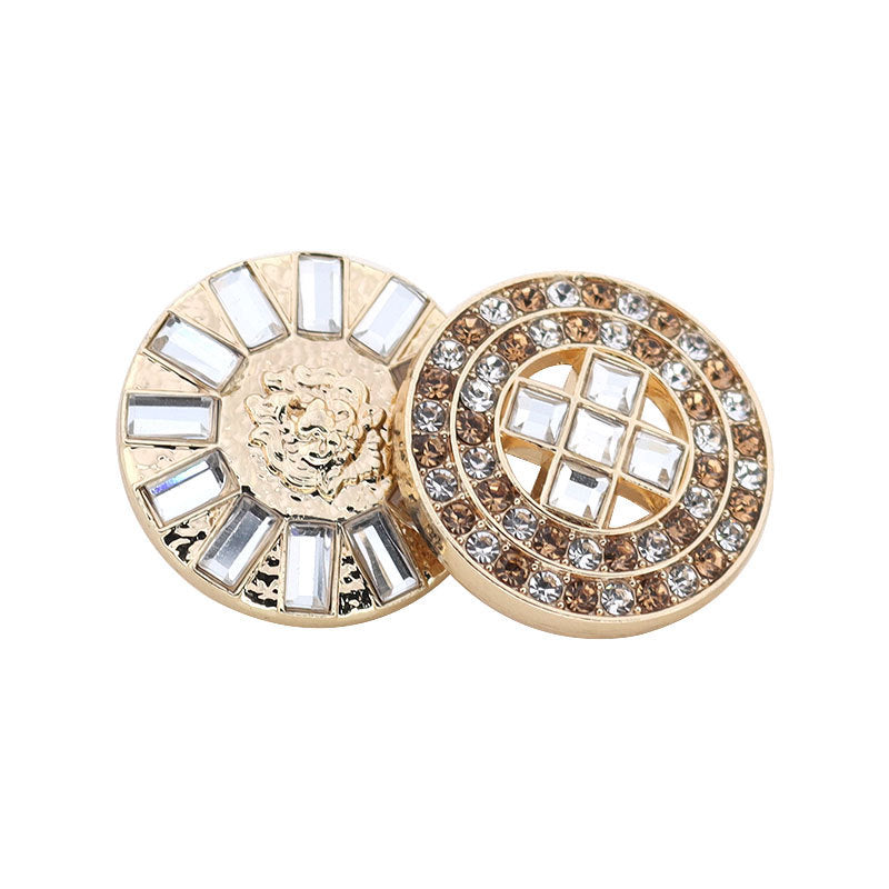 Round coat button with rhinestone trim, gold-tone metal, shank; lion centerpiece detail