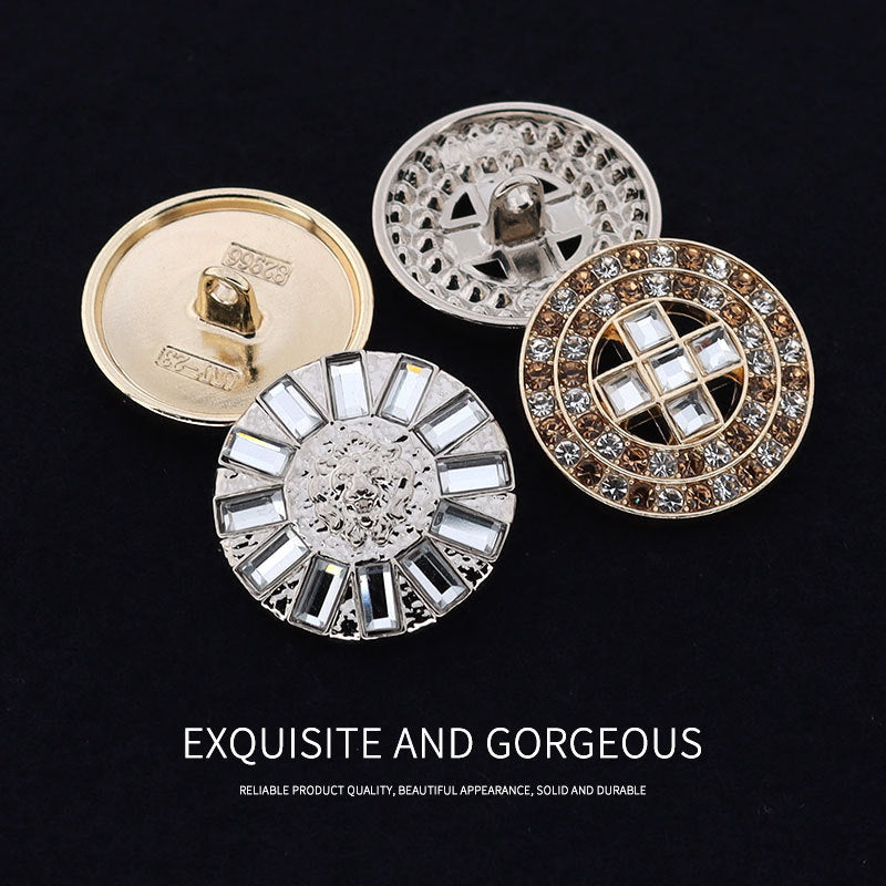 Round coat buttons with shank; one silver-tone and one gold-tone, rhinestone border