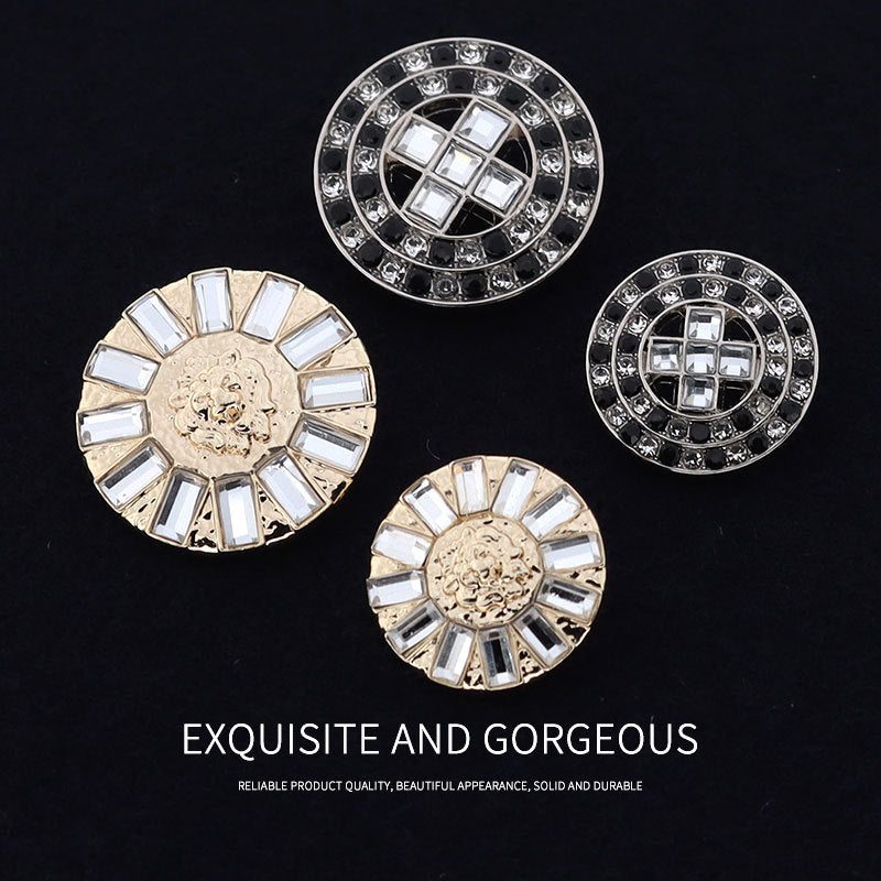 Set of round coat buttons with crystal rhinestones; silver-tone and gold-tone mix