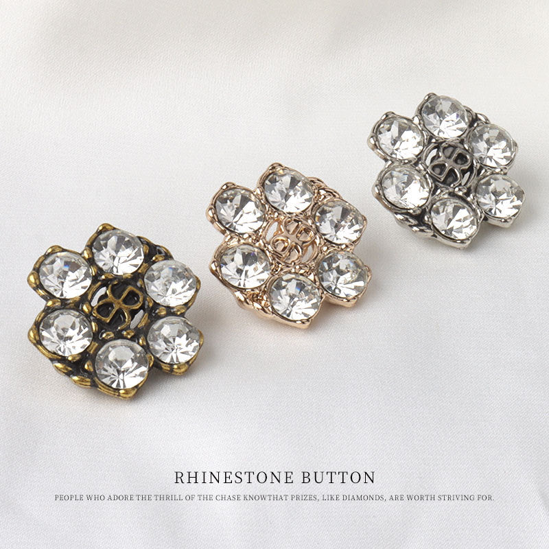 Rhinestone shank button set, gold and gunmetal finishes with clear round crystals