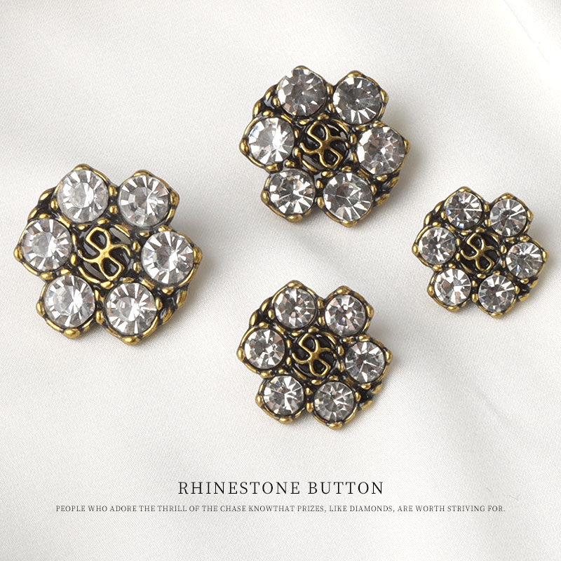 Rhinestone shank button cluster, clear round crystals on gold-tone ornate metal frame