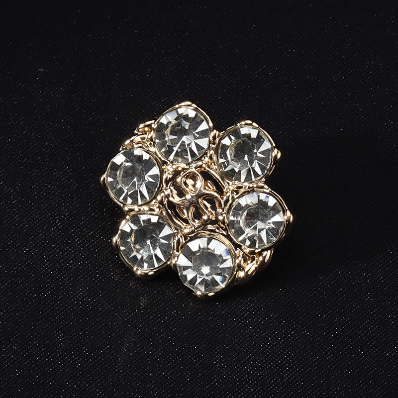 Rhinestone shank button, clear round crystals in antique gold-tone metal bezel