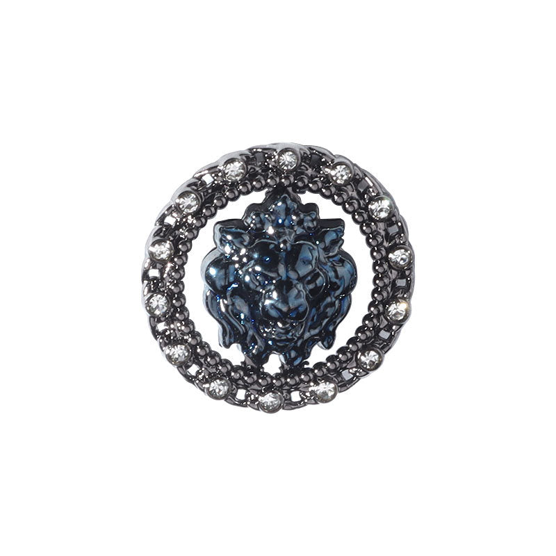 22mm dark blue rhinestone lion head shank button, round with crystal border