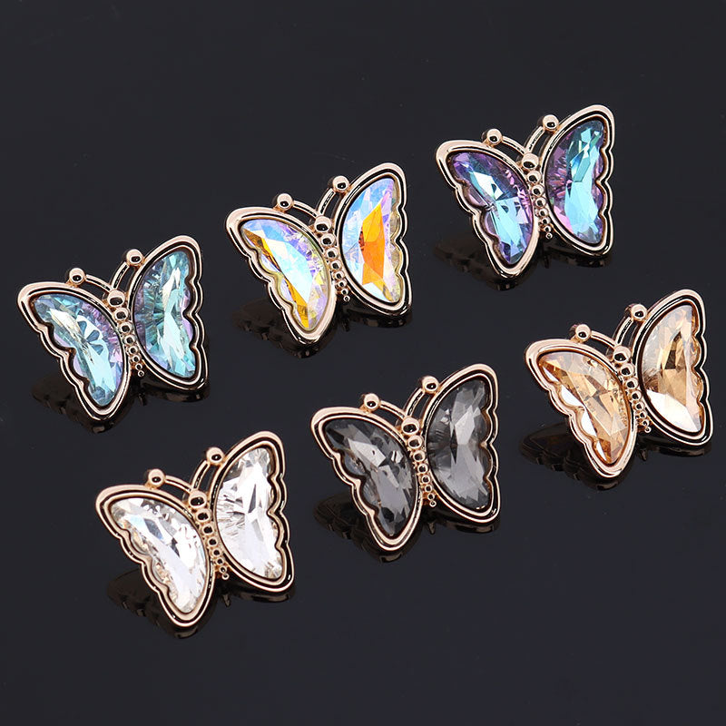 Butterfly-shaped metal rhinestone shank buttons, mixed colored stones, gold-tone frames