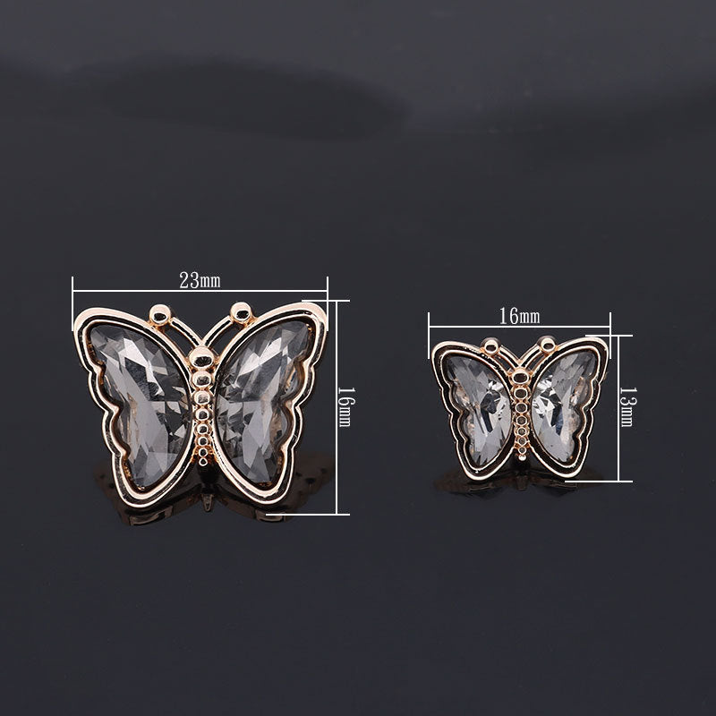 Butterfly metal rhinestone shank buttons with size guide: 23mm and 16mm, gold-tone