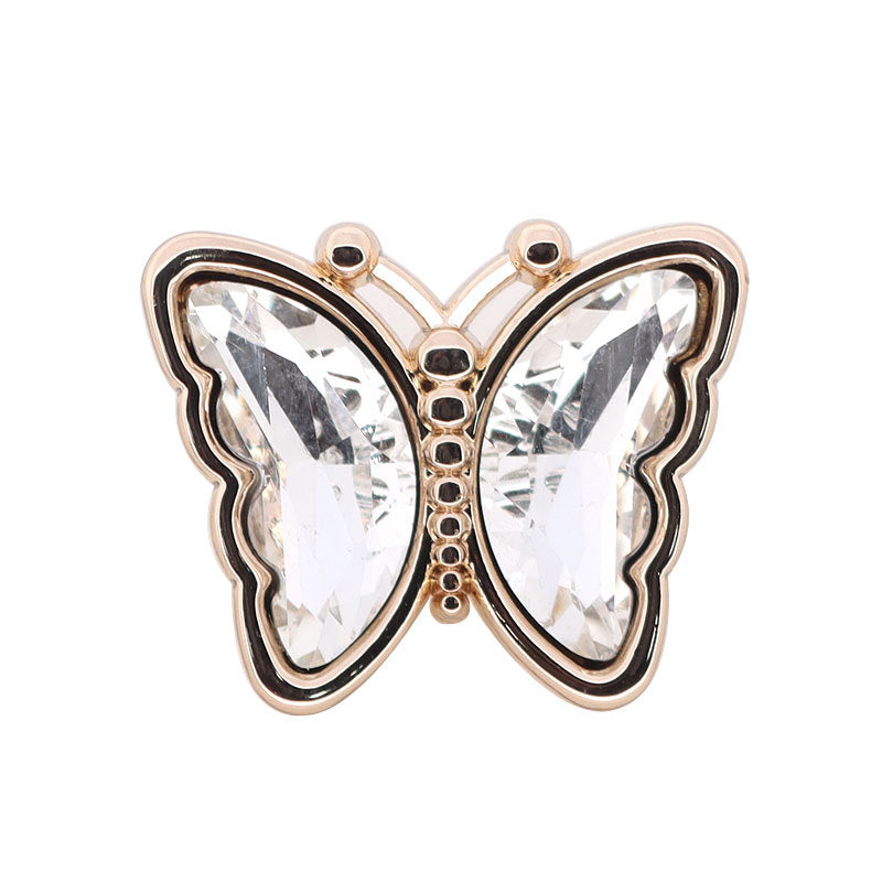 Butterfly-shaped metal rhinestone shank button, clear stones, gold-tone border