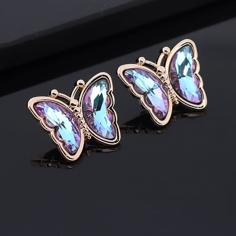 Butterfly metal rhinestone shank buttons, purple and light blue prismatic stones