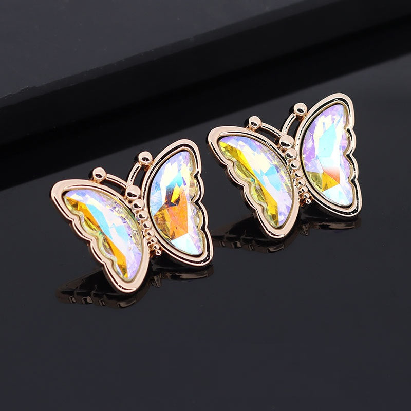 Butterfly metal rhinestone shank buttons, multi-color iridescent stones, rose-gold tone
