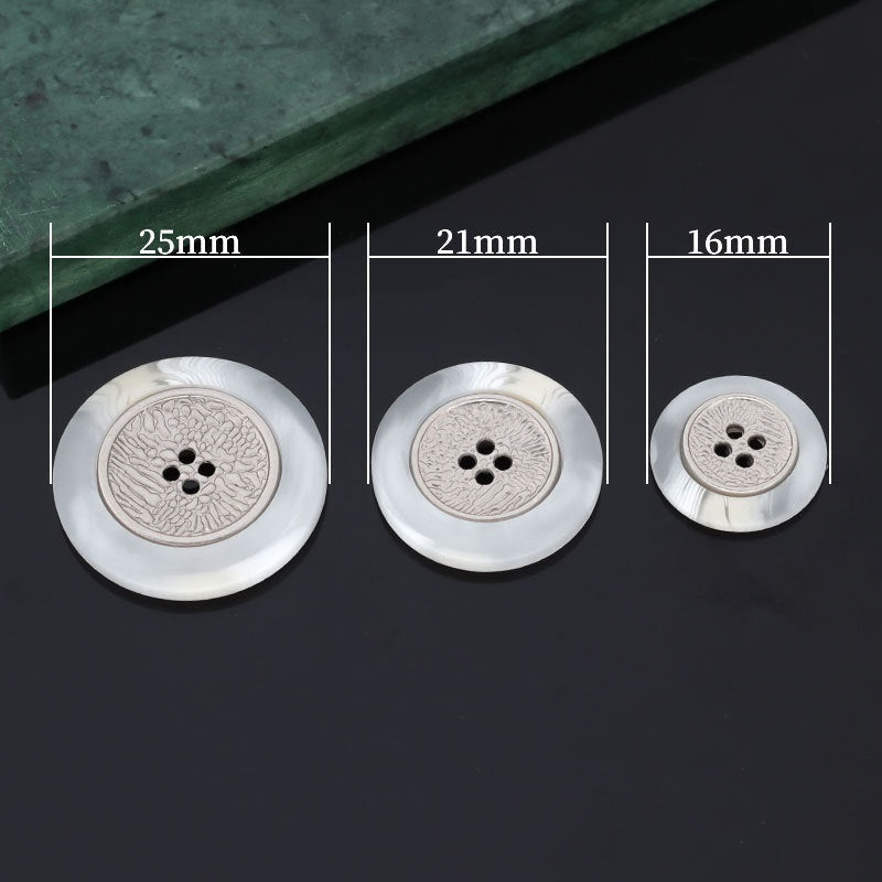 Three coat buttons, 16/21/25mm, white resin with textured metal 4-hole fronts (silver).