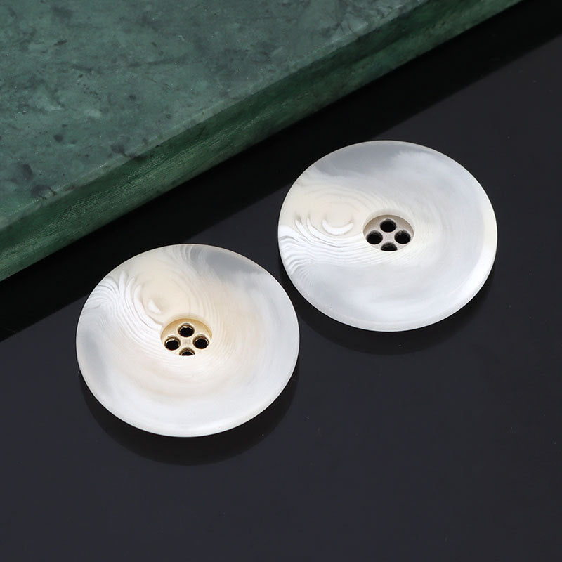 Two-tone coat buttons, white resin with 4-hole metal inserts, silver and gold.