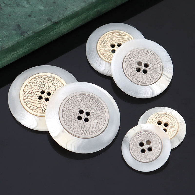 Coat button set, white resin with textured metal 4-hole fronts (gold and silver).
