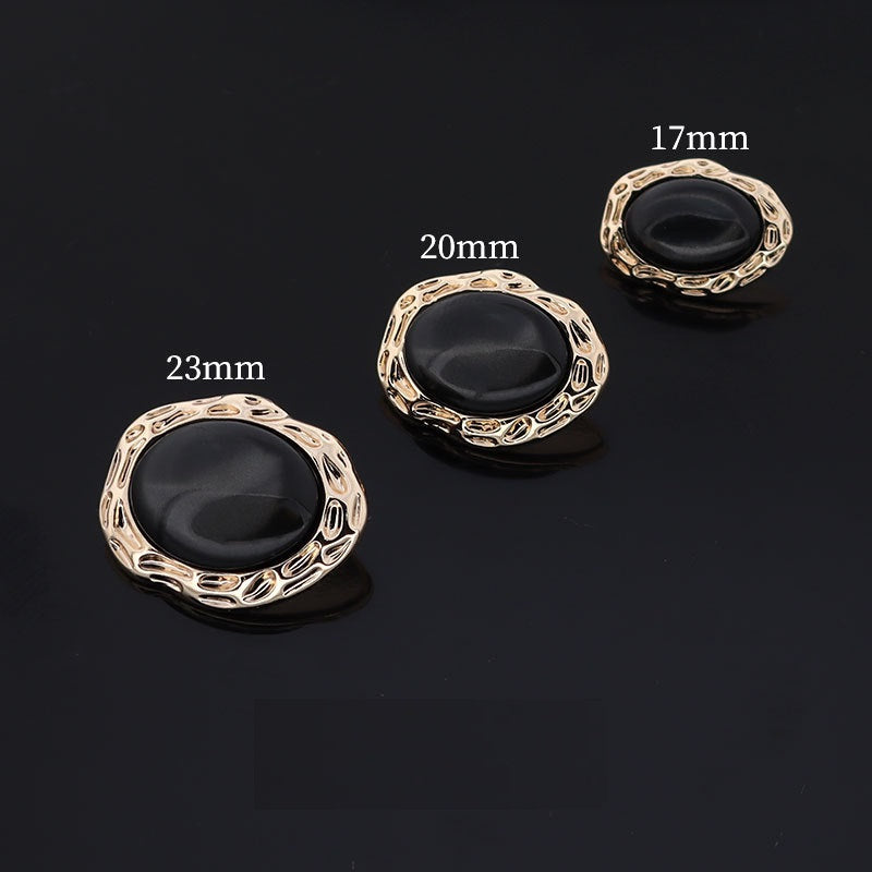 Black resin buttons with ornate gold frame, sizes 23mm, 20mm, 17mm