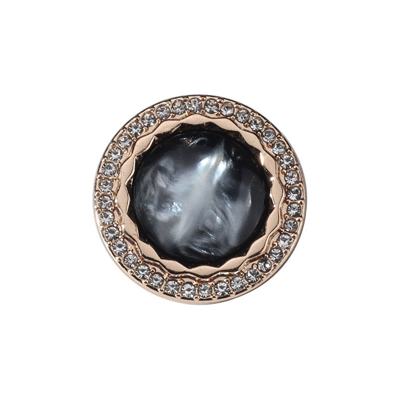 Round black shank button: gold rim with clear rhinestones, round 18–25mm