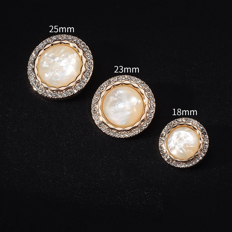 Pearl-look white shank buttons with gold rim and clear rhinestones, multiple sizes