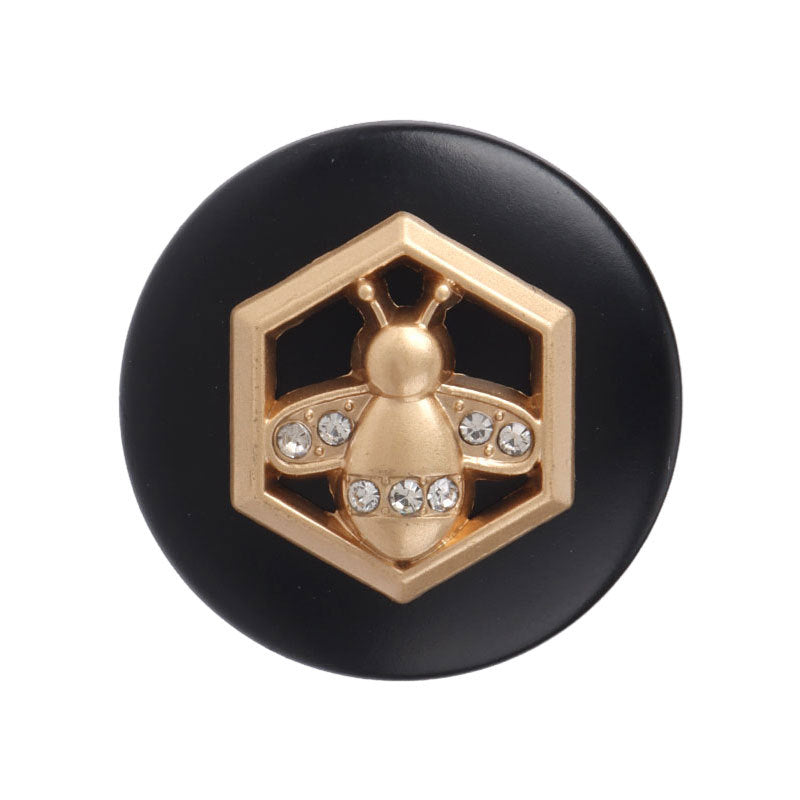 Round black metal button with gold bee rhinestone design, 18/23mm