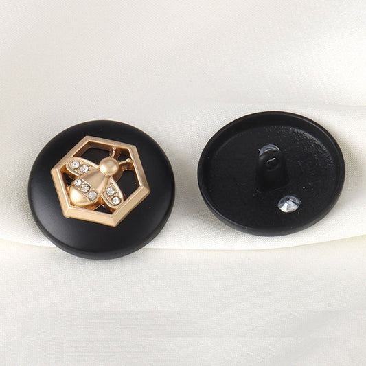 18/23mm Round Black Metal Buttons with Golden Bee Rhinestones 12pcs