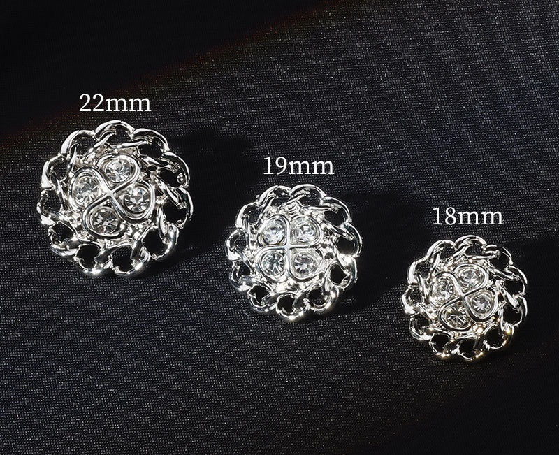 Bright silver rhinestone floral metal shank buttons labeled 22mm, 19mm, 18mm