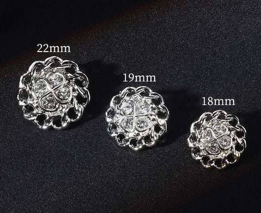 22mm Bright Silver Floral Shaped Rhinestone Inlaid Metal Shank Buttons 12pcs