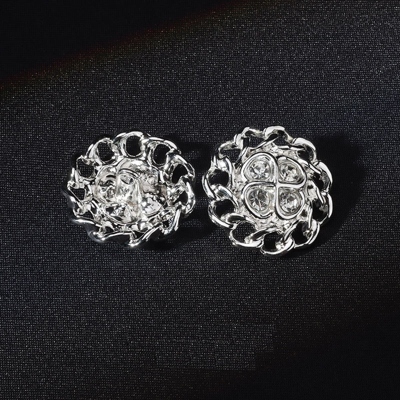 Bright silver floral rhinestone metal shank buttons with ornate raised gem pattern