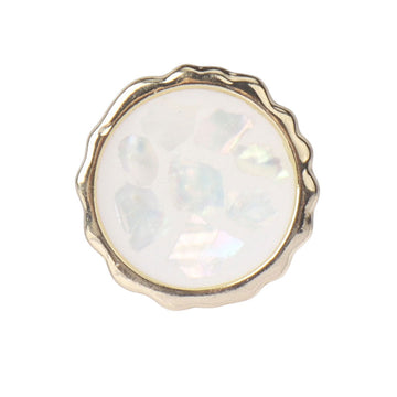 Gold-tone abalone shell button, round scalloped frame, iridescent white surface