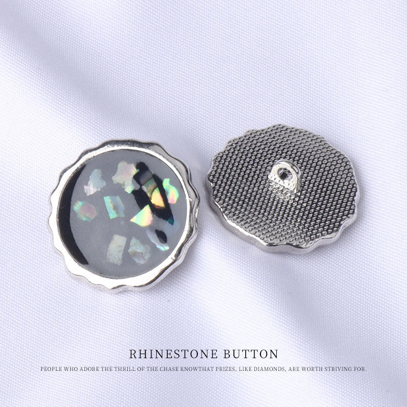 Silver-tone abalone shell button, back mesh disk visible, dark iridescent top